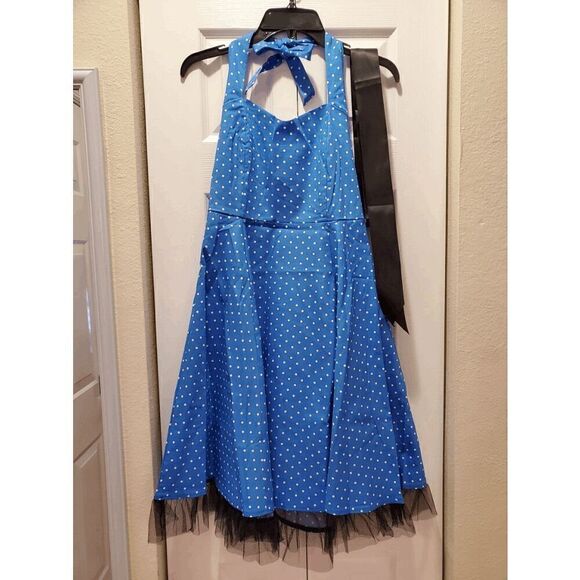 ๐ NWT Pinup Retro 1950s Blue Polka Dot Tulle Hem HalterโTea Dress with Belt M - Picture 9 of 15